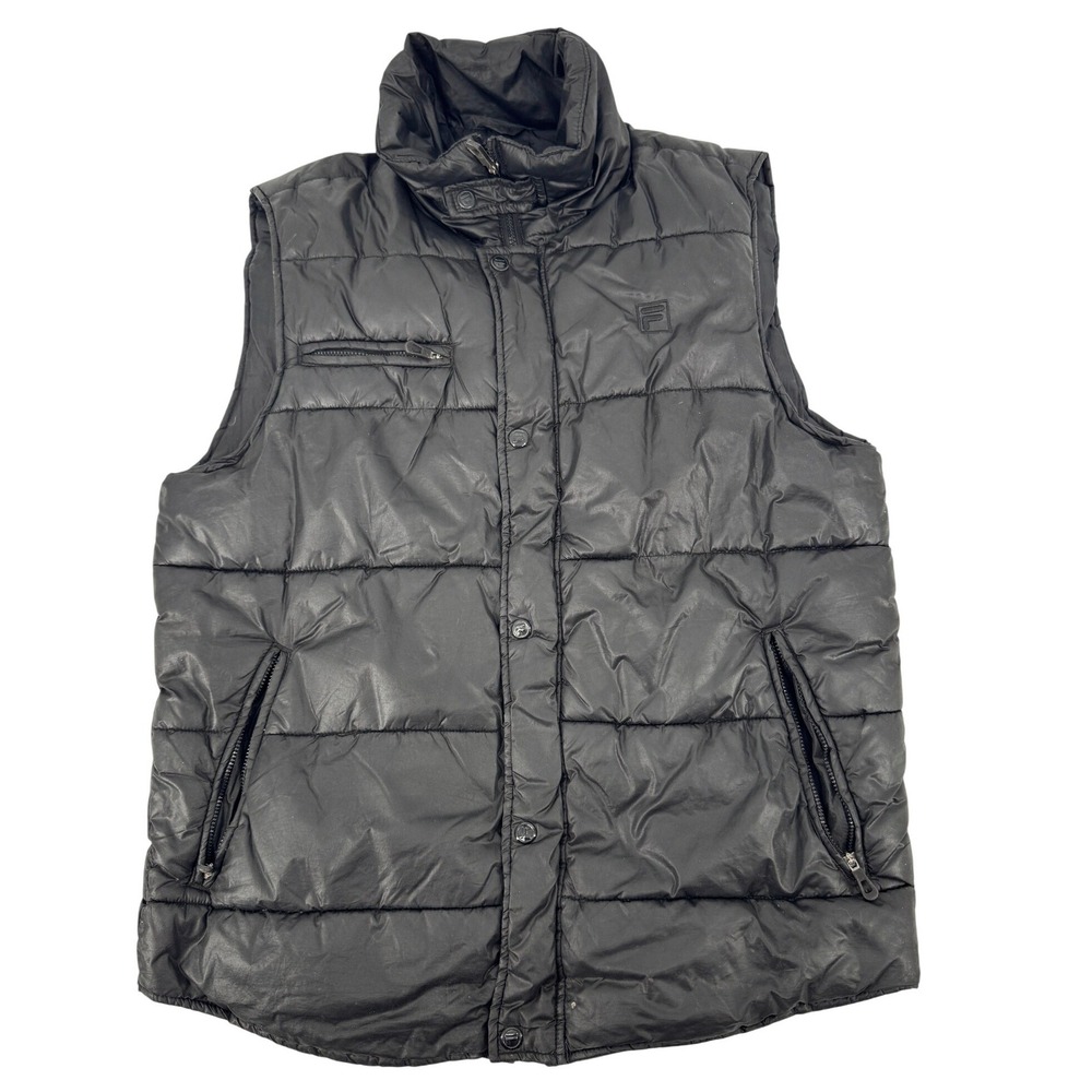 FILA Mens Puffer Vest Medium Black Zip Stand Collar Insulated Small Hole Bottom